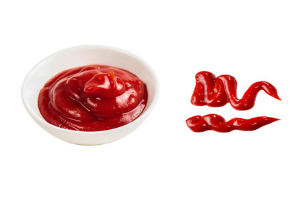 Ketchup in white plate on white background.