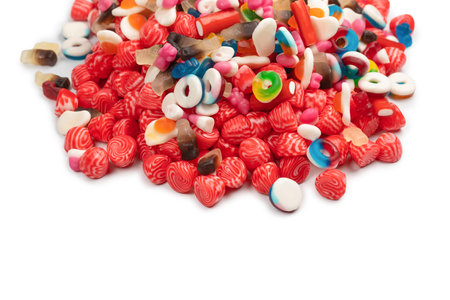 Tasty mix of jelly colorful candies isolated on a white background. Delicious marmalade.の写真素材