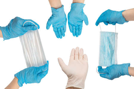 Woman puts on protective mask with blue rubber gloves. Isolated on white.
