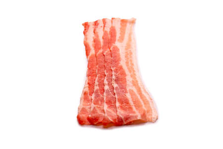 Raw bacon slices isolated on a white background. Top view.の写真素材