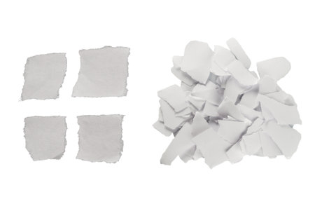 Empty white paper pieces isolated. Space for text or design.の写真素材