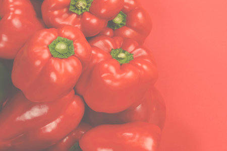 Fresh red, yelow, green bell pepper on a red background.の写真素材