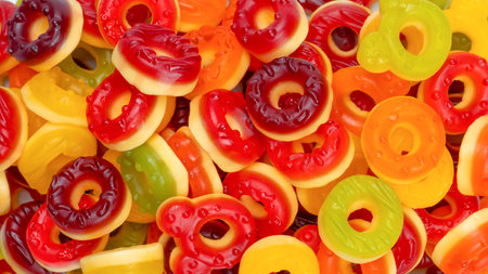 Assorted colorful gummy candies. top view. Jelly donuts. Jelly bears.の写真素材