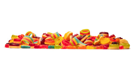 Assorted colorful gummy candies. top view. Jelly donuts. Jelly bears. isolated on a white...