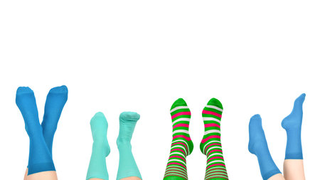 Woman in blue socks isolated on white background. Top view.