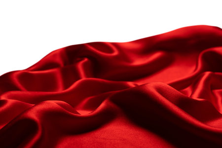 Red silk or satin luxury fabric texture isolated on a white background. top view.の写真素材