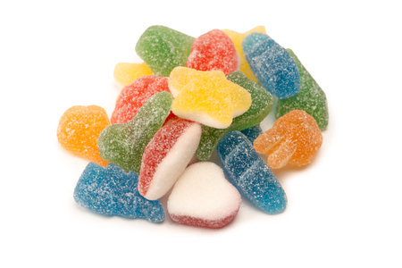 Assorted gummy candies isolated on a white background. top view. Jelly sweets.の写真素材