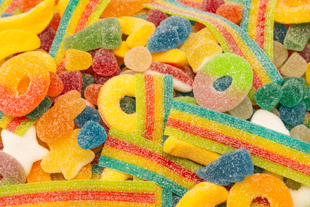 Assorted gummy candies. Top view. Jelly sweets.の写真素材