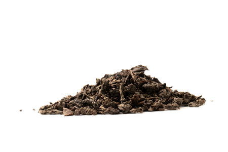 Dried tea leaves isolated on a white background. top view.の写真素材