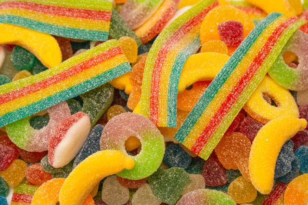 Assorted gummy candies. Top view. Jelly sweets.