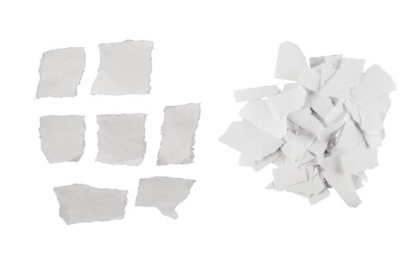 Empty white paper pieces isolated. Space for text or design.の写真素材