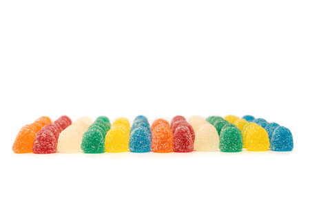 Assorted colorful gummy candies isolated on a white background. top view. Jelly sweets.の写真素材
