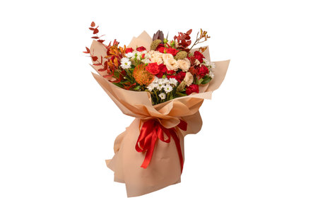 Autumn bouquet of red and white roses, hydrangeas, chrysanthemums isolated on a white background.の写真素材