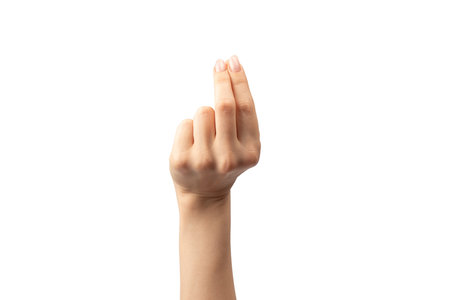 Hand of a woman holds some tiny or thin object, isolated on a white background.の写真素材