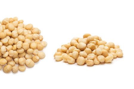 Macadamia nuts isolated on white background. Top view.の写真素材