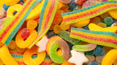 Assorted gummy candies. Top view. Jelly sweets.の写真素材