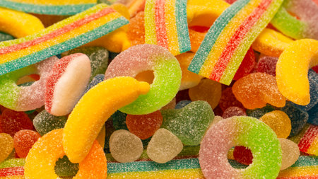 Assorted gummy candies. Top view. Jelly sweets.の写真素材