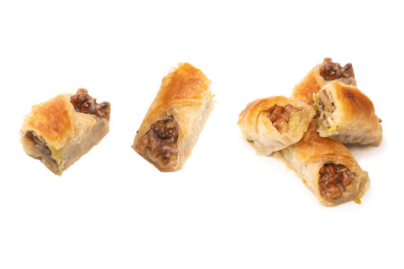 Delicious sweet baklava with walnuts isolated on white background. top view.の写真素材