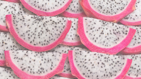 Sweet tasty dragon fruit or pitaya slices as a background.の写真素材