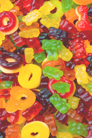 Assorted colorful gummy candies. top view. Jelly donuts. Jelly bears.