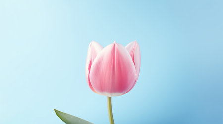 Delicate pink tulip on a blue background. Space for text or design.の素材