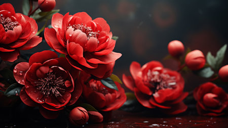 Gorgeous deep red peonies on a dark background. Floral background. Space for text or designの素材