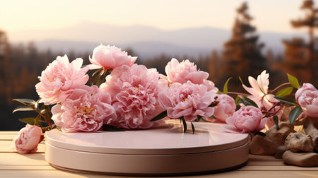 Bouquet of pink peonies with a product podium for product presentation.の素材