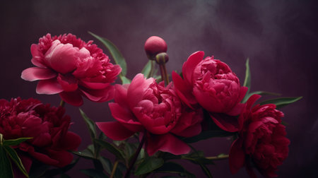 Gorgeous deep red peonies on a dark background. Floral background. Space for text or designの素材