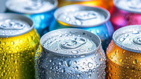 A group of colorful aluminum cans of beverage, top view.の素材