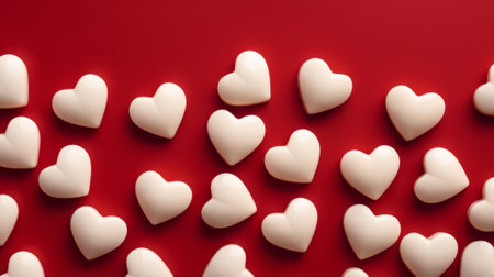 White chocolate heart shaped candies on a red background close up. Valentine's Day.の素材
