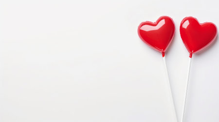 Heart shaped red candy on a white background, copy space, top view.の素材