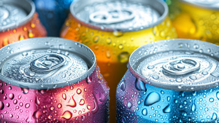 A group of colorful aluminum cans of beverage, top view.の素材