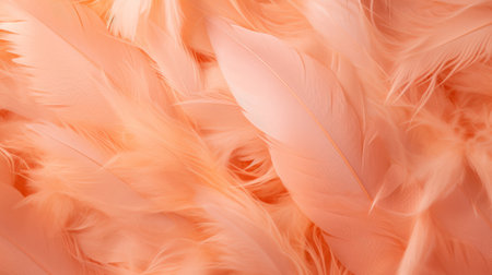 Feathers in a peach fuzz color as a background. Top view.の素材