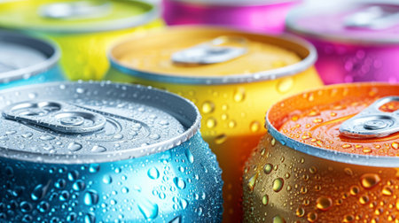 A group of colorful aluminum cans of beverage, top view.の素材