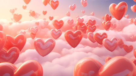 Beautiful heart shaped balloons in the peach fuzz color sky as a background. Romantic atmosphere.の素材