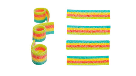 Assorted colorful gummy candies. Top view. Jelly donuts. Jelly bears. Isolated on a white background.の写真素材