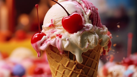 A colorful ice cream cone is melting with scoops of various flavorsの素材