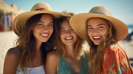 Summer portrait of three beautiful young women smiling, wearing a straw hat on a beach.の素材