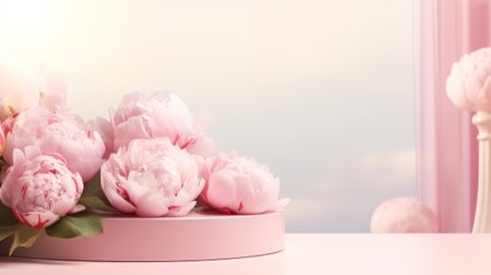 Bouquet of pink peonies with a product podium for product presentation.の素材