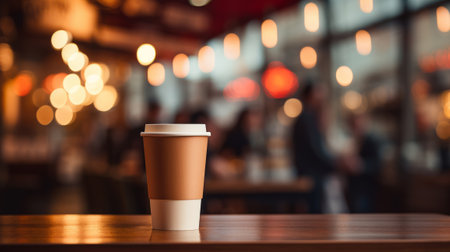Paper cup of coffee on a wooden table in a coffee shop. Space for text and design.の素材