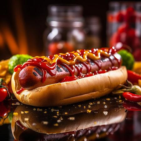 A delicious hot dog with ketchup and mustard.の素材