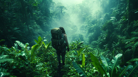 Travel concept, explorer trekking through a jungleの素材