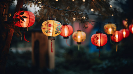 Bright festive lanterns strung up close upの素材