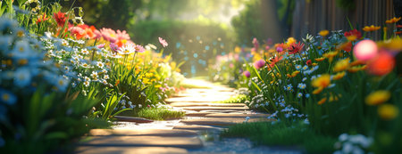 Beautiful garden a path with colorful flowers, dreamy background.の素材