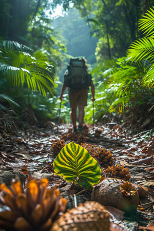 Travel concept, explorer trekking through a jungleの素材