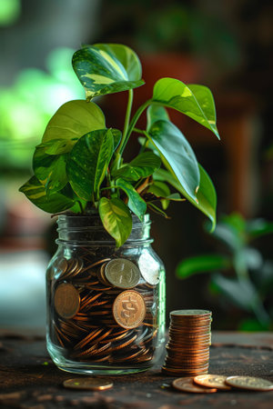 Green money plant in a glass jar with stacks of coins.の素材