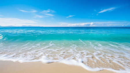 Summer background, tropical sea shore with beautiful blue water and sunny day. Copy space.の素材