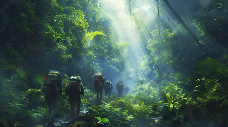 Travel concept, explorer trekking through a jungleの素材