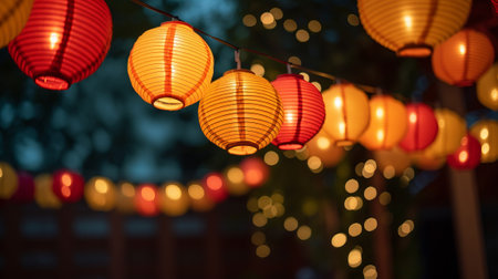 Bright festive lanterns strung up close upの素材