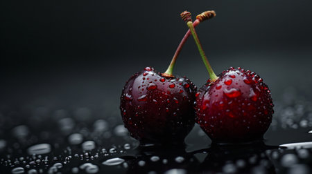 water drops on red cherries on a black backgroundの素材